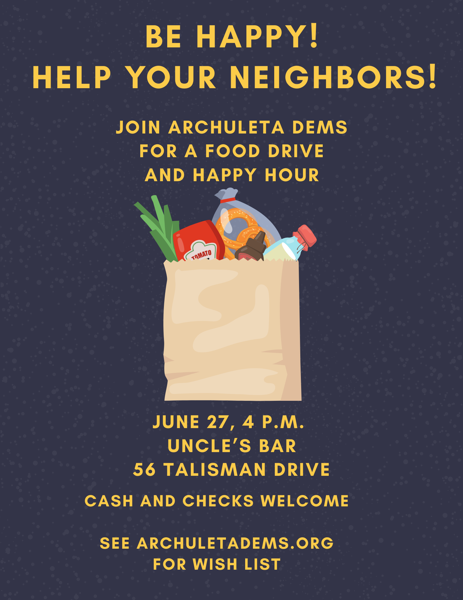6-27: Happy Hour and Food Drive